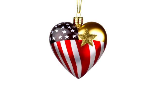 Heart ornament featuring American flag design and gold accents