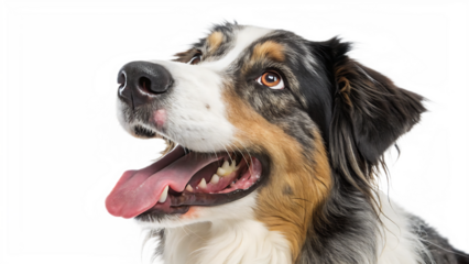 Head shot of an Australian Shepherd dog panting isolated on a white background PNG. AI GENERATED.