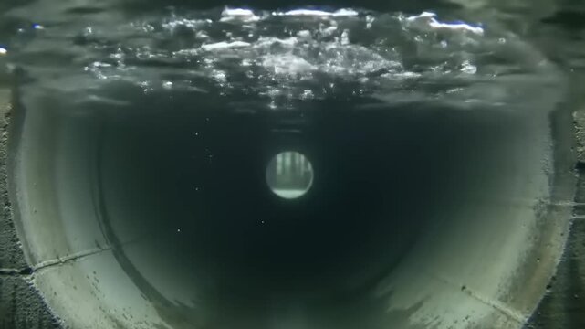 Underwater view of a large concrete pipe