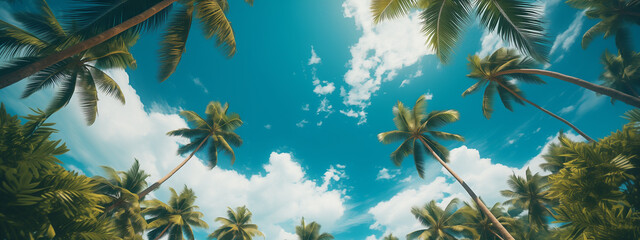 A refreshing view looking up at tall, slender palm trees against a bright blue sky, perfect for evoking a summer vacation or a relaxing tropical vibe