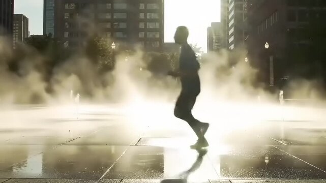 Silhouettes of Runners in a City Fountain