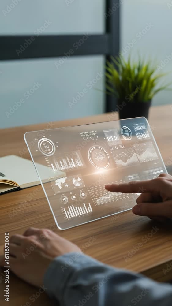 Poster innovative data analysis on transparent digital tablet with interactive dashboard at wooden table wi