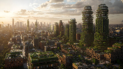 Obraz premium Sustainable urban renewal in a cityscape at sunset. Green vertical farms and rooftop gardens transform aging buildings, creating a thriving, eco-friendly metropolis