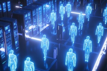 Futuristic digital holographic human figures illuminated with bright blue neon light in a dark technological environment representing ai and cyberspace