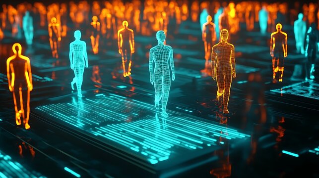 Futuristic holographic human figures illuminated in vibrant neon blue and orange standing on glowing digital platforms representing technology and connectivity - Powered by Adobe
