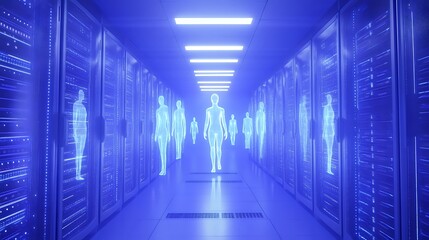 Futuristic glowing blue server room corridor with illuminated humanoid figures representing digital consciousness and artificial intelligence advancing technology