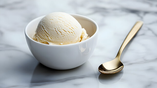 Freshly scooped vanilla ice cream in a white bowl with a spoon is a delicious dessert