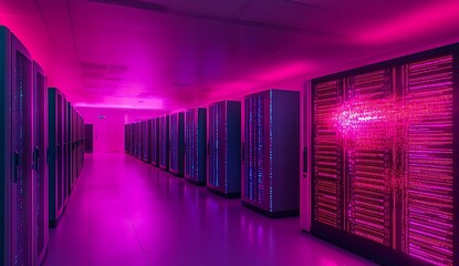 Modern data center server racks illuminated with vibrant pink and purple neon lighting creating an atmospheric futuristic technology environment