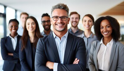Smiling and confident group of diverse professionals standing together in a welcoming office environmen