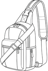 Sling crossbody backpack technical flat sketch, CAD outline design, modern travel sling bag fashion accessory, vector illustration template