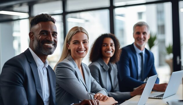 Smiling and confident group of diverse professionals standing together in a welcoming office environmen