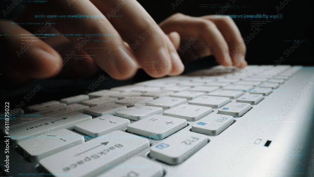 Poster detailed close-up of hands typing on a laptop keyboard surrounded by digital code elements, perfect 