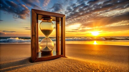 Hourglass on the beach at sunset