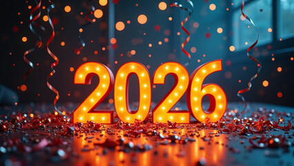 Illuminated “2026” marquee digits with confetti and dark background.
