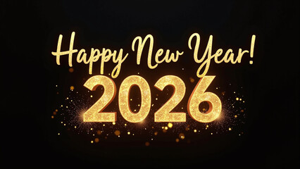 Golden “Happy New Year! 2026” text sparkling on dark background.
