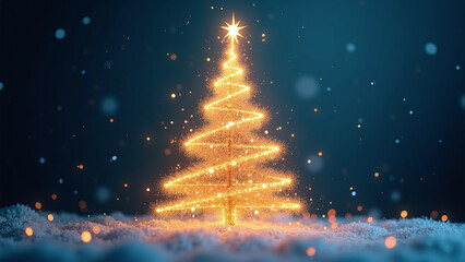Golden light Christmas tree glowing on snowy dark blue background.
