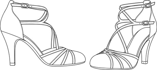 Strappy high heel dance shoe, elegant ballroom footwear technical sketch, fashion CAD illustration for design, editable vector line drawing