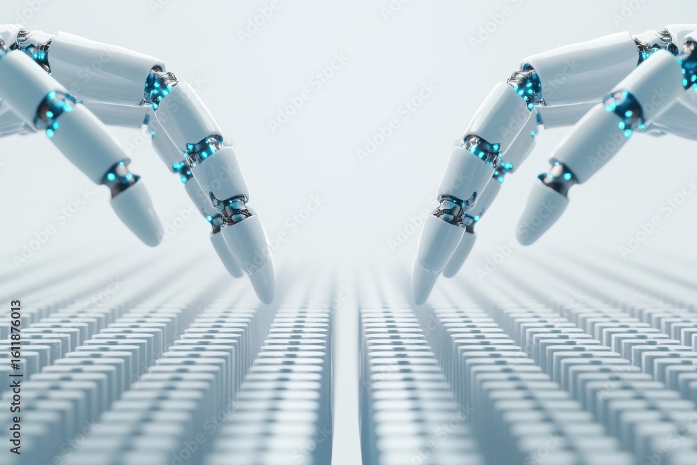 Poster two robotic hands reaching towards each other over a futuristic grid-like surface in a high-tech, sl