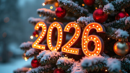 Golden “2026” glowing in decorated Christmas tree with ornaments.
