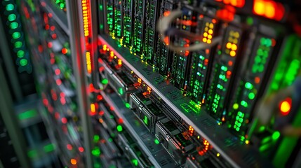 Close up view of a server rack with many blinking green and orange lights indicating active data processing and network activity