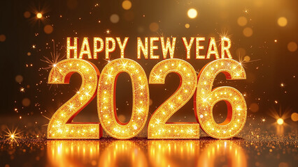 Happy New Year 2026 text glowing with festive gold lights.
