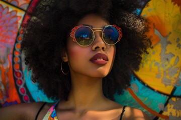 Obraz premium Fashion model posing with sunglasses and afro hairstyle in front of colorful graffiti wall