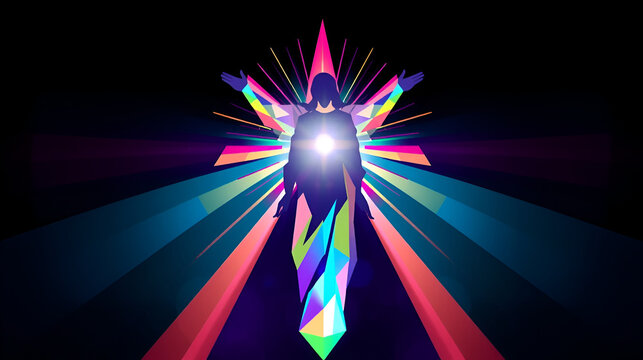 Jesus Christ silhouette with colorful geometric shapes, futuristic style, hologram effect