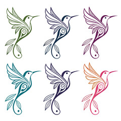 Obraz premium Six Stylized Hummingbird Graphics in Green Blue Purple Orange Pink and Dark Blue illustration