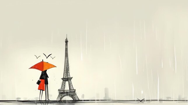 cartoon animation of romantic couple watching eiffel tower in paris under rain