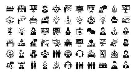 Obraz premium Business and Teamwork Icons Set in Black for Meetings, Collaboration, and Strategy