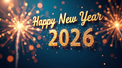 Happy New Year 2026 in glittering gold on dark background.
