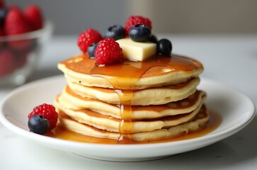 Golden Pancakes with Scrumptious Blueberries and Raspberries Appetising Breakfast Plate ai generated