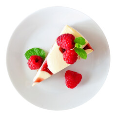 Slice of raspberry cheesecake on a plate, top view isolated on a white background