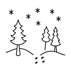 Snowy forest path with reindeer tracks in a serene winter landscape line art vector illustration