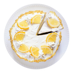 Sweet lemon cake on a white plate. Above view isolated on a white background.