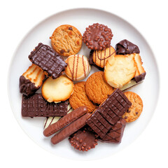 Traditional Belgian biscuits on a white plate. Top down view isolated on a white background.