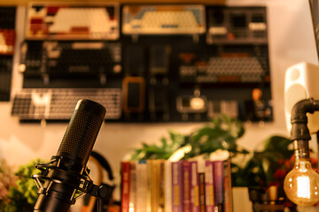 Creative setup showing microphone and blurred keyboard collection with cozy lighting and bookshelf.