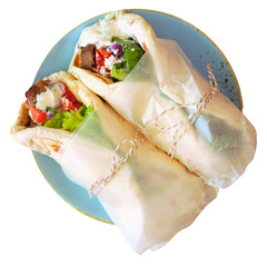 Two Greek gyros pita wraps. Top down view isolated on a white background.