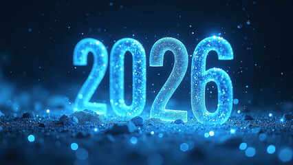 Sparkling blue “2026” digits glow on dark festive background.
