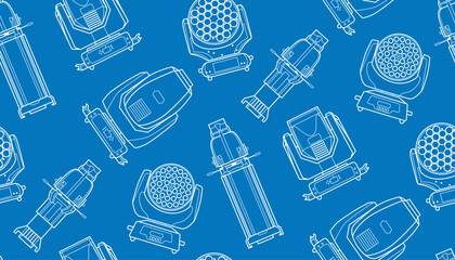 Stage Lighting Equipment Pattern Seamless Vector Illustration white contour line drawings of various professional stage lighting fixtures moving heads, LED wash lights and profile spotlights