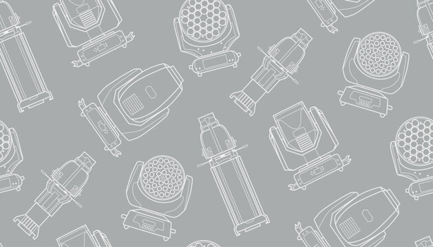 Stage Lighting Equipment Pattern Seamless Vector Illustration white contour line drawings of various professional stage lighting fixtures moving heads, LED wash lights and profile spotlights