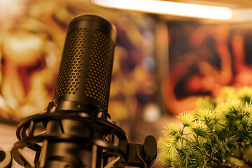 A detailed image of a studio microphone paired with artificial pine, abstract screens, and warm...