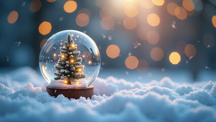 Snow globe with Christmas tree, lights, and wintry festive glow.
