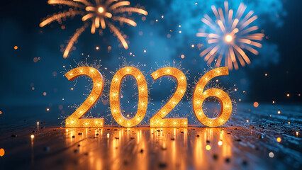 Bright golden “2026” with celebratory fireworks and festive sparkle.
