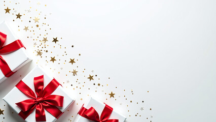 White gift boxes with red bows and scattered golden stars.
