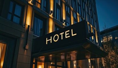Obraz premium A modern hotel entrance illuminated in elegant, warm lights gleams under a twilight sky, inviting and luxurious.