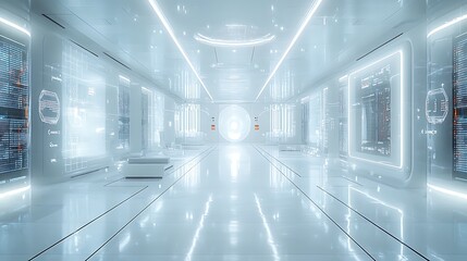 Futuristic illuminated corridor with glowing blue and white lights and intricate digital displays on walls