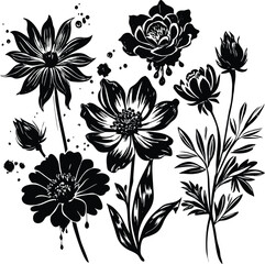 Aesthetic Hand-Illustrated Bloom and Leaf Arrangement in Black and White for Creative Projects