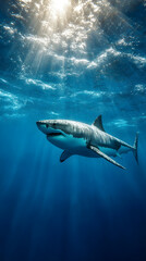 Fototapeta premium Great white shark swimming underwater in the ocean near coral reef