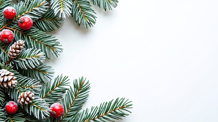 Festive pine branches, red berries, and snowy pinecones on white.
